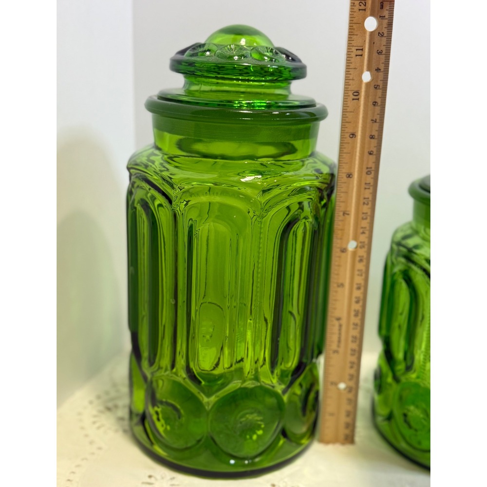 Vintage LE Smith Moon and Star Green Glass Canister Set 4 Piece Apothecary Jars - Picture 3 of 16